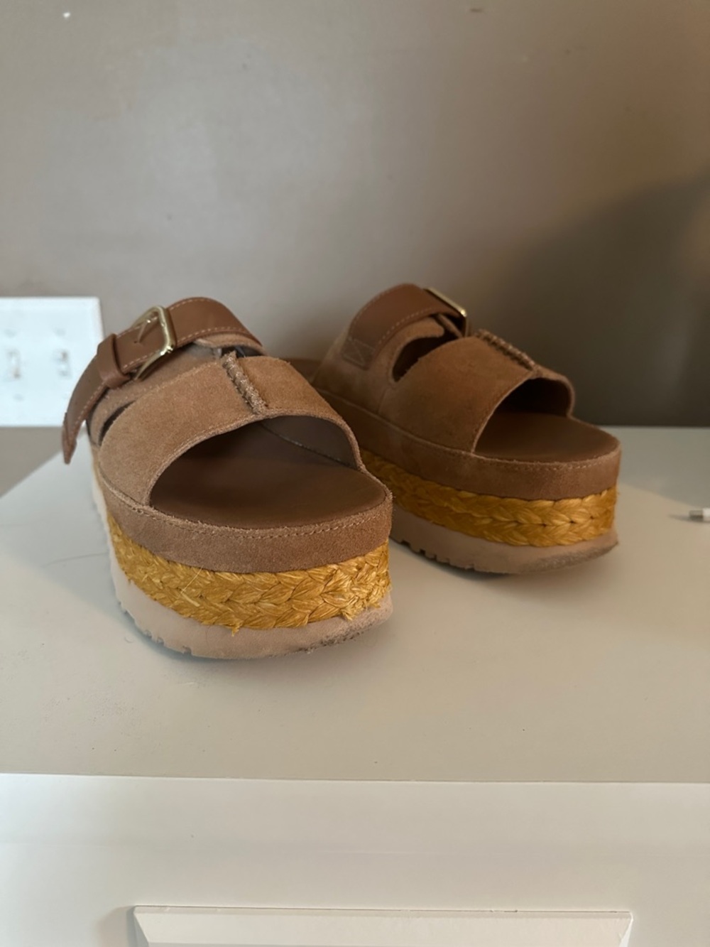 UGG Tan Suede Platform Espadrille Slide Sandals